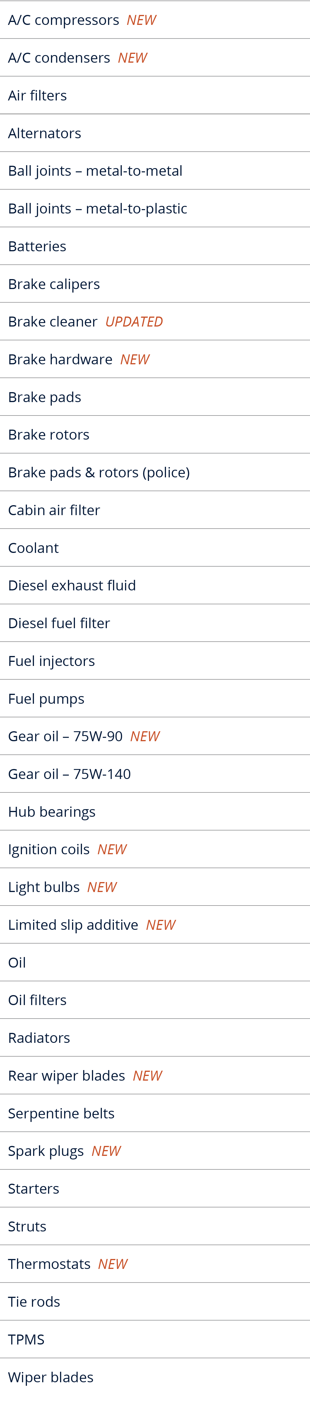 A/C compressors new,A/C condensers new,Air filters,Alternators,Ball joints – metal to metal,Ball joints – metal to pl...